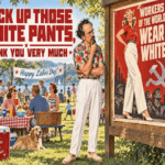 Labor Day picnic illustration with a skeptical hipster in white pants studying a “Workers of the World, Wear White” propaganda-style poster.