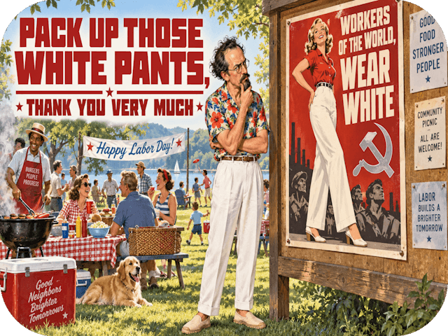 Labor Day picnic illustration with a skeptical hipster in white pants studying a “Workers of the World, Wear White” propaganda-style poster.