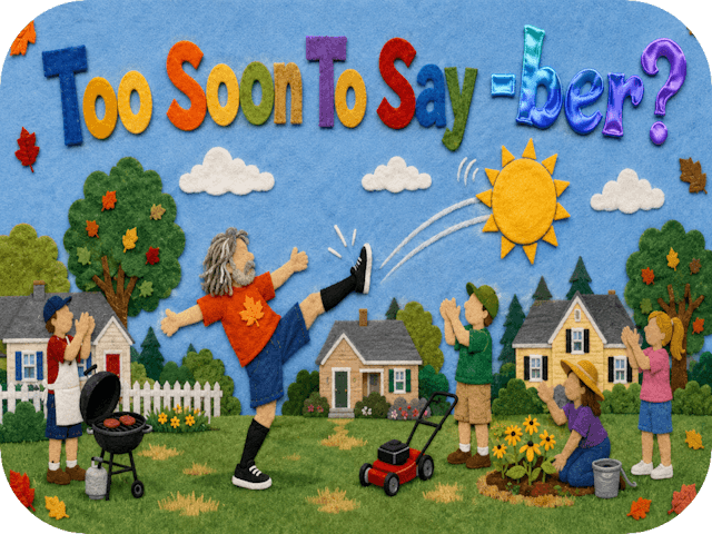 Felt-board scene of Rob kicking a sun-shaped Summer away as neighbors cheer beneath the title โToo Soon To Say -ber?โ