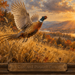 Ring-necked pheasant takes flight over a golden Pennsylvania meadow at sunset, framed as an antique oil painting.
