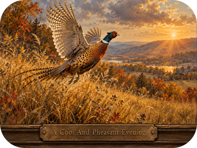 Ring-necked pheasant takes flight over a golden Pennsylvania meadow at sunset, framed as an antique oil painting.