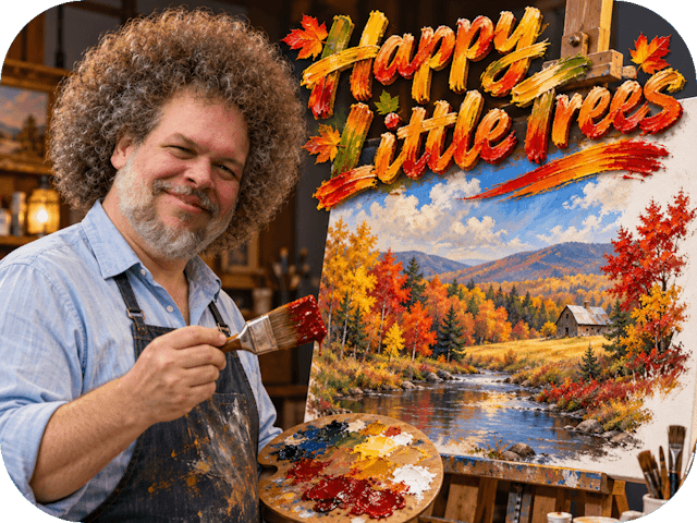 Rob paints a brilliant Pennsylvania autumn landscape beside the words “Happy Little Trees,” sporting a magnificent salt-and-pepper afro.