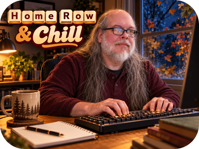Rob writes at a keyboard by an autumn window beneath the title “Home Row & Chill.”