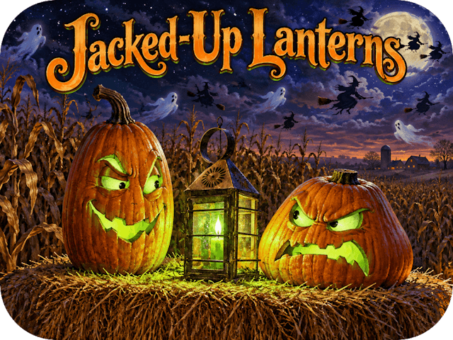 Two witch-green jack-o'-lanterns exchange irritated glances across an antique candle lantern in a moonlit Nebraska cornfield.