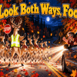 Angry motorist confronts a deer crossing guard and a troupe of tap-dancing deer on a colorful Pennsylvania autumn night.