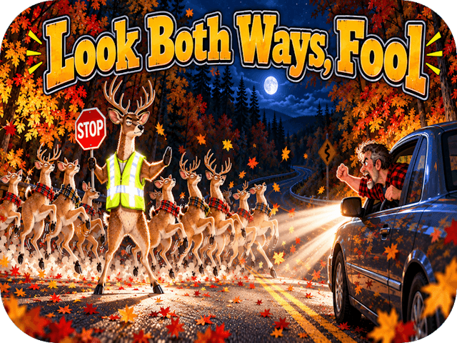 Angry motorist confronts a deer crossing guard and a troupe of tap-dancing deer on a colorful Pennsylvania autumn night.