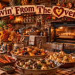 Rustic autumn kitchen with bowls of roasted vegetables, a bubbling oven casserole and a “Lovin’ From The Oven” ribbon overhead.