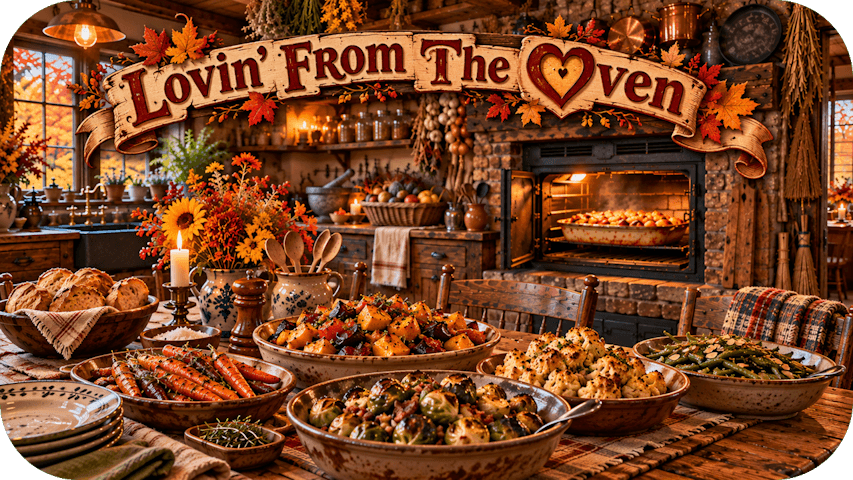 Rustic autumn kitchen with bowls of roasted vegetables, a bubbling oven casserole and a “Lovin’ From The Oven” ribbon overhead.