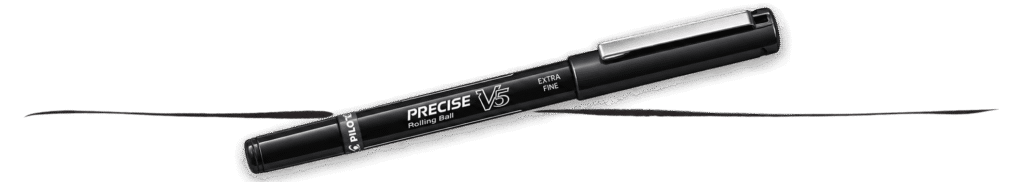 Capped black Pilot Precise V5 pen resting diagonally across a thin black ink line.