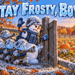 Tactical snowman signals his frost sprites to halt beside an autumn pumpkin patch beneath the title “Stay Frosty, Boys.”