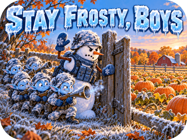 Tactical snowman signals his frost sprites to halt beside an autumn pumpkin patch beneath the title “Stay Frosty, Boys.”