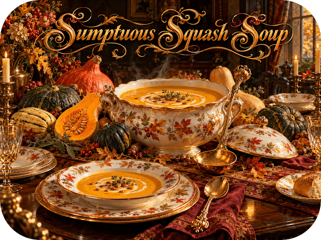 Golden squash soup in an ornate autumn porcelain tureen, surrounded by winter squash, gilded china and Baroque elegance.